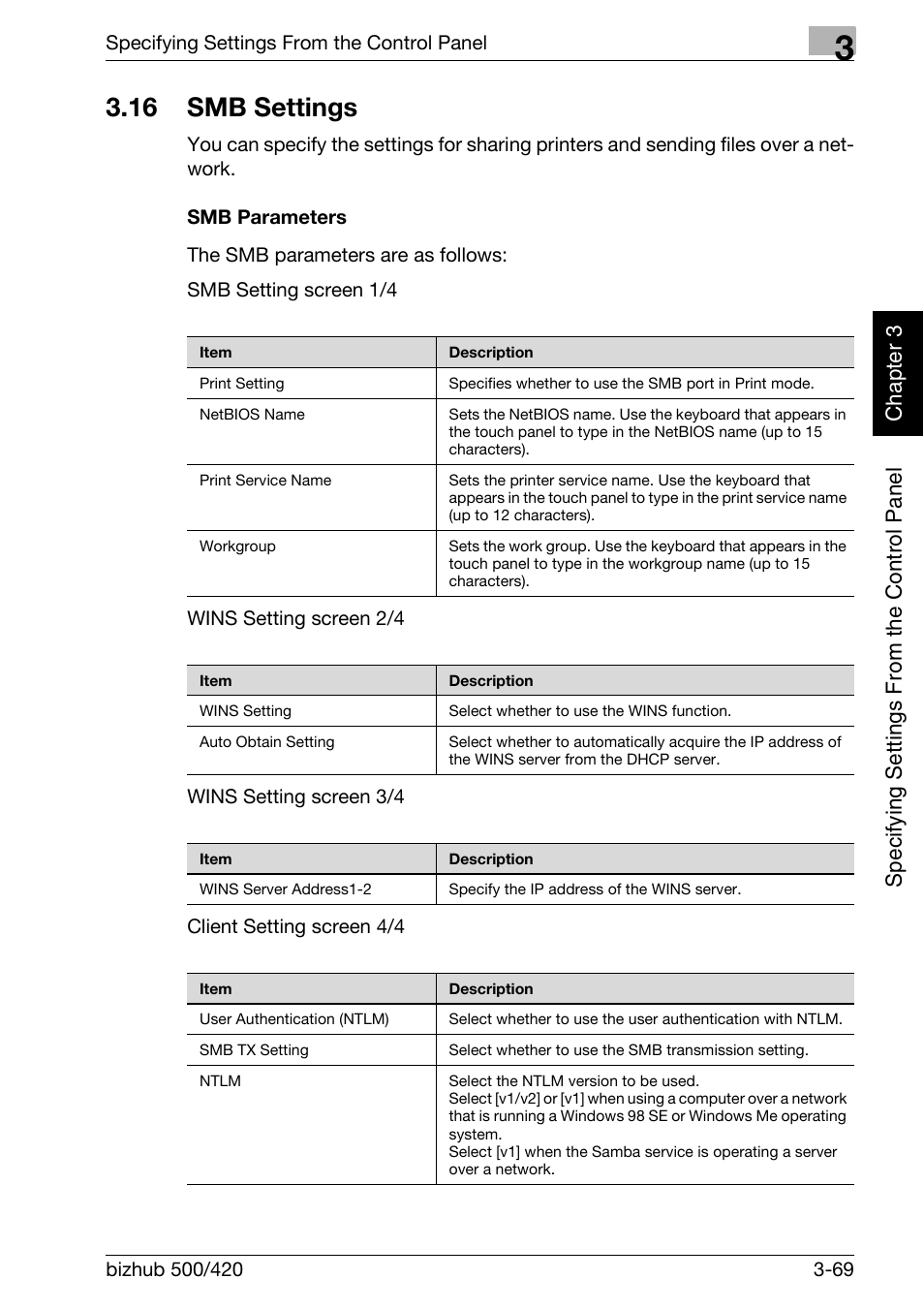 16 smb settings, Smb settings -69, Smb parameters -69 | Konica Minolta bizhub 500 User Manual | Page 194 / 412