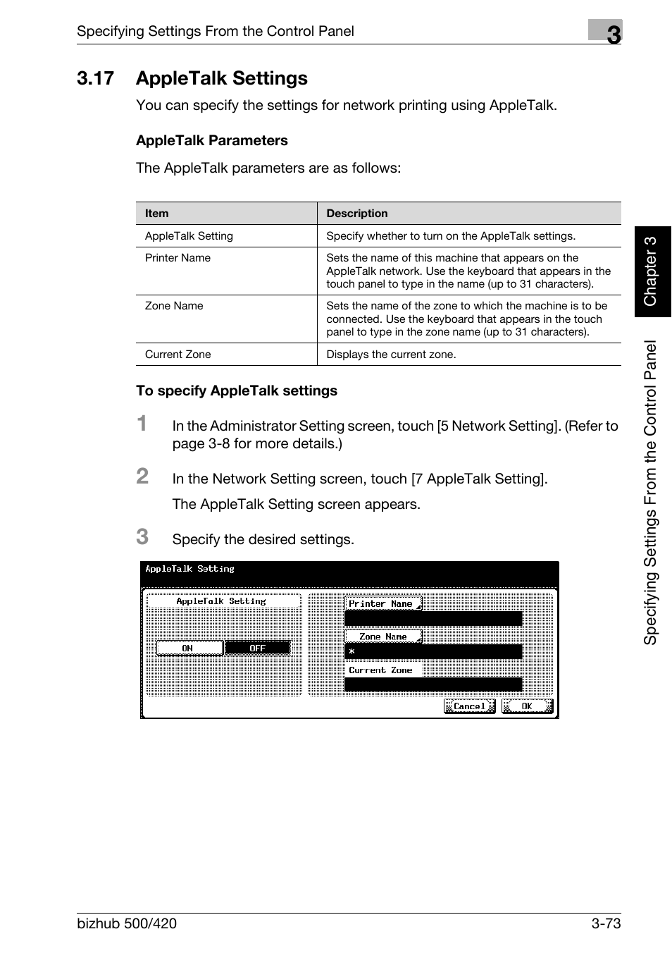 17 appletalk settings, Appletalk settings -73 | Konica Minolta bizhub 500 User Manual | Page 198 / 412