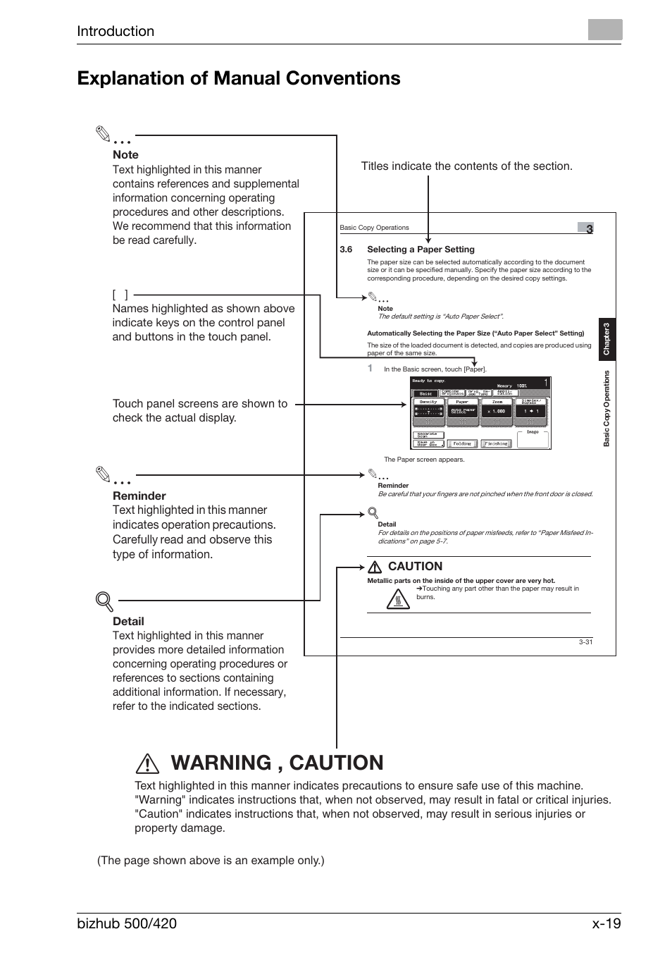 7 warning , caution, Explanation of manual conventions | Konica Minolta bizhub 500 User Manual | Page 20 / 412