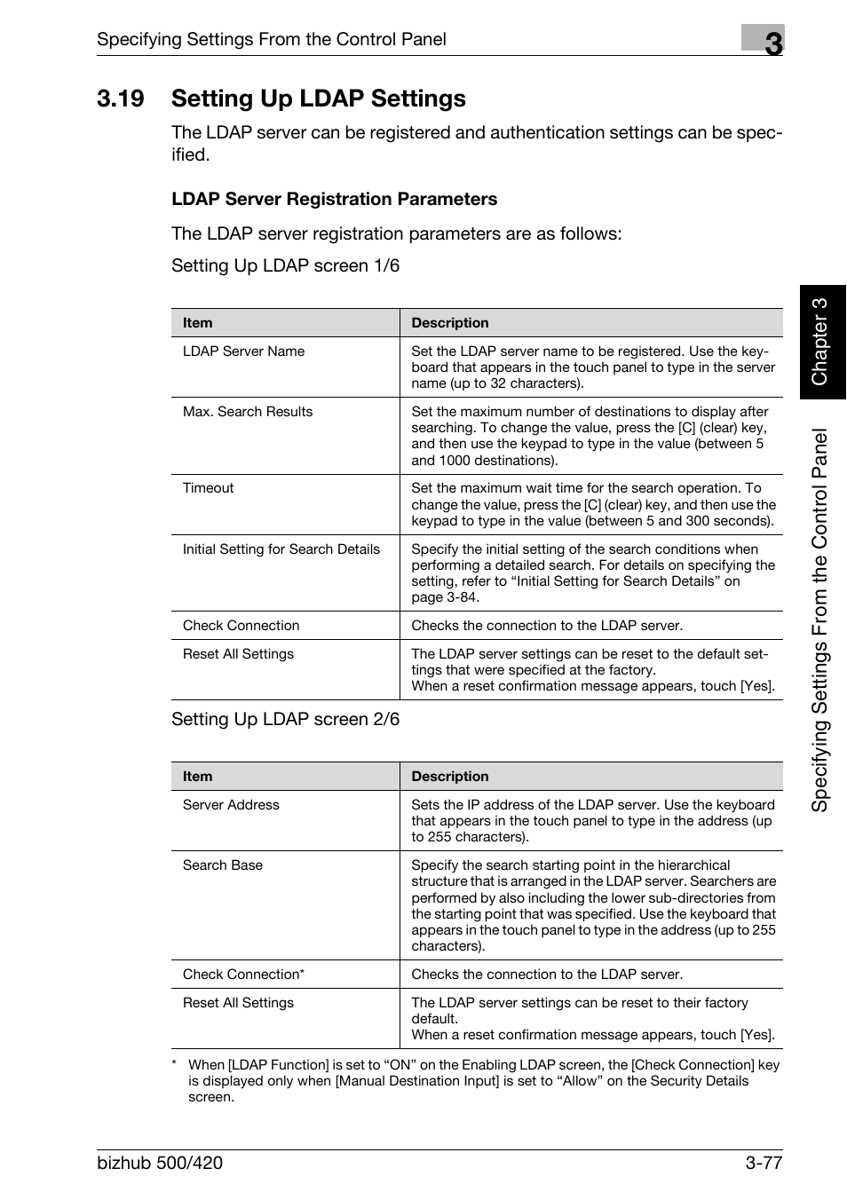 19 setting up ldap settings, Setting up ldap settings -77, Ldap server registration parameters -77 | Konica Minolta bizhub 500 User Manual | Page 202 / 412