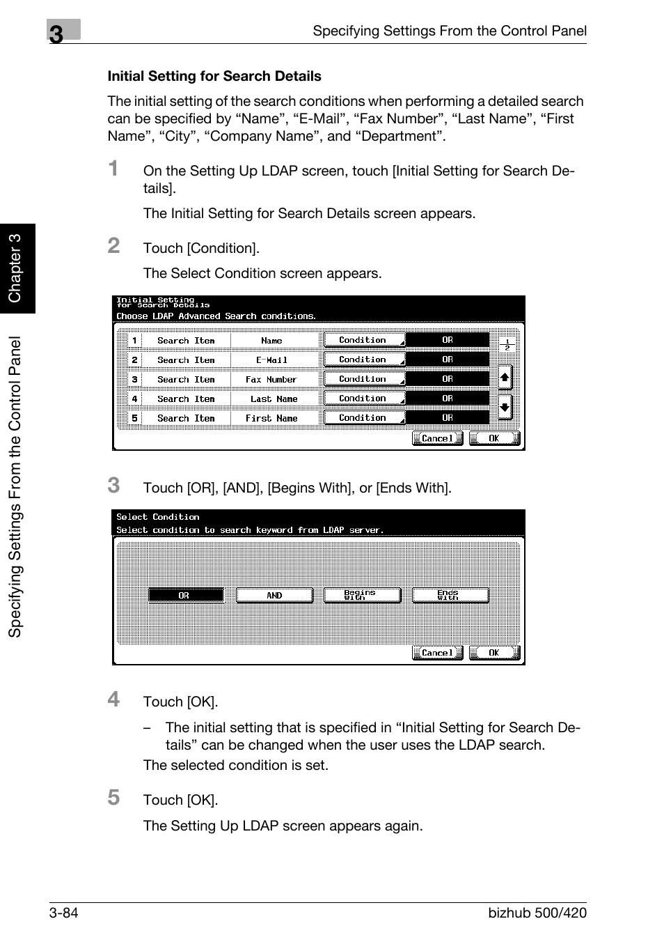 Initial setting for search details -84 | Konica Minolta bizhub 500 User Manual | Page 209 / 412