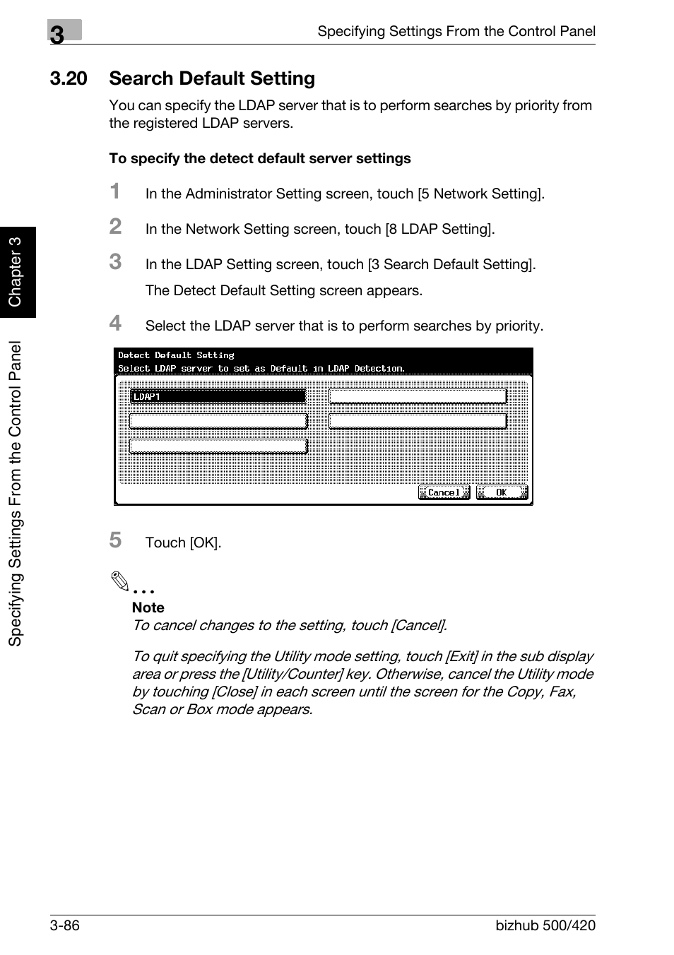 20 search default setting, Search default setting -86, To specify the detect default server settings -86 | Konica Minolta bizhub 500 User Manual | Page 211 / 412