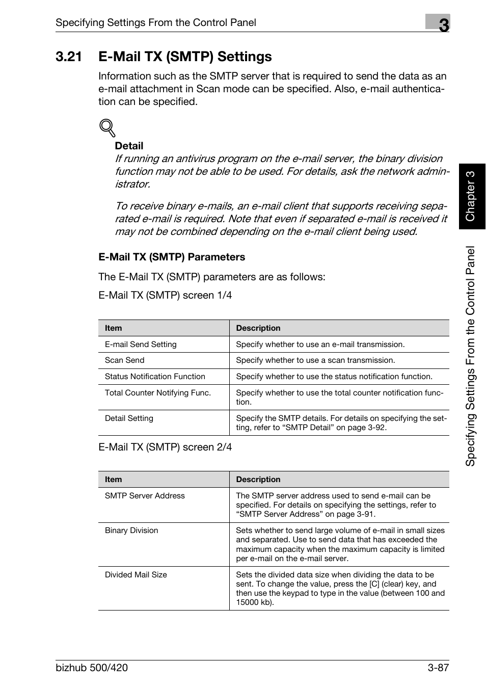 21 e-mail tx (smtp) settings, E-mail tx (smtp) settings -87, E-mail tx (smtp) parameters -87 | Konica Minolta bizhub 500 User Manual | Page 212 / 412