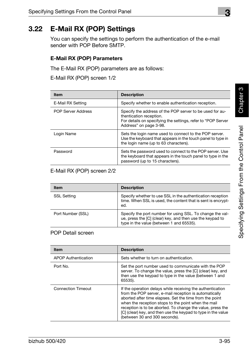 22 e-mail rx (pop) settings, E-mail rx (pop) settings -95, E-mail rx (pop) parameters -95 | Konica Minolta bizhub 500 User Manual | Page 220 / 412