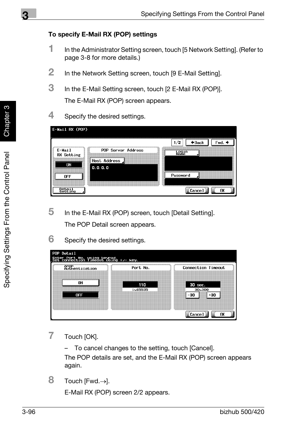 To specify e-mail rx (pop) settings -96 | Konica Minolta bizhub 500 User Manual | Page 221 / 412