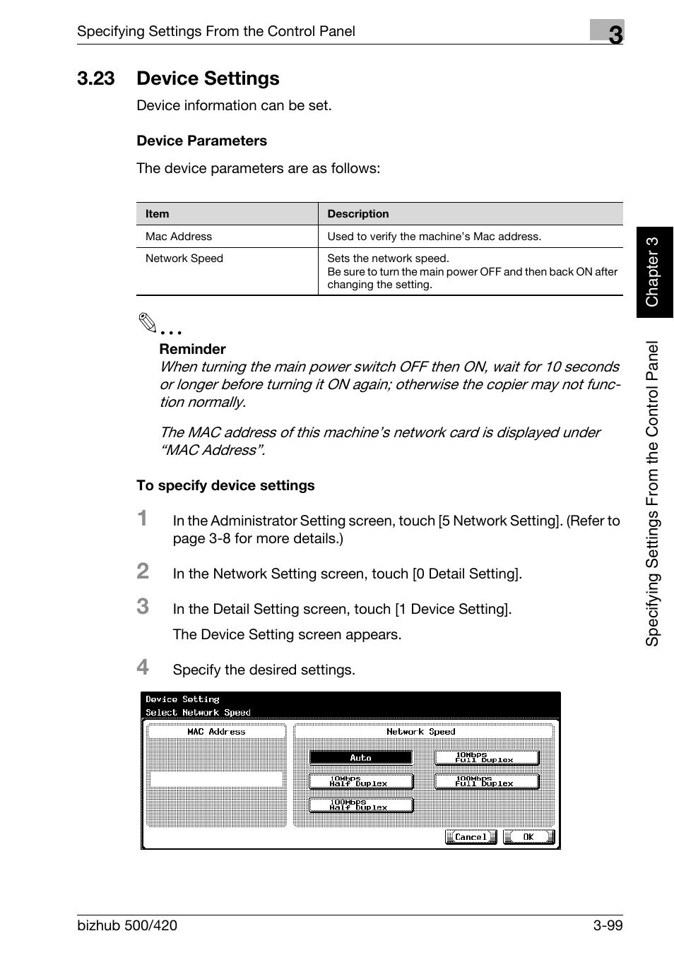 23 device settings, Device settings -99 | Konica Minolta bizhub 500 User Manual | Page 224 / 412