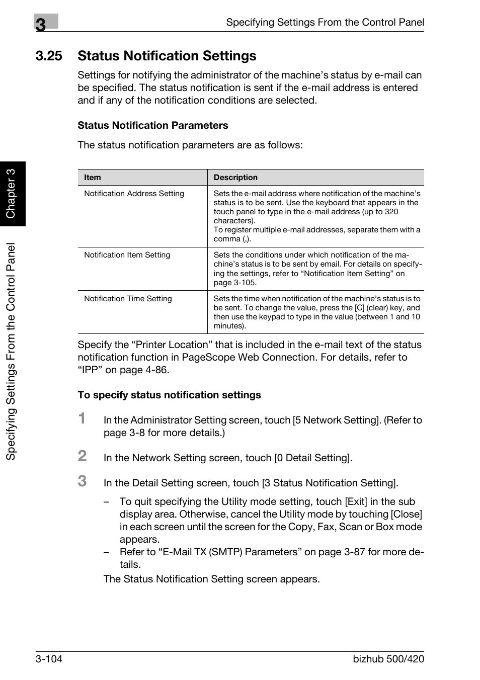 25 status notification settings, Status notification settings -104 | Konica Minolta bizhub 500 User Manual | Page 229 / 412