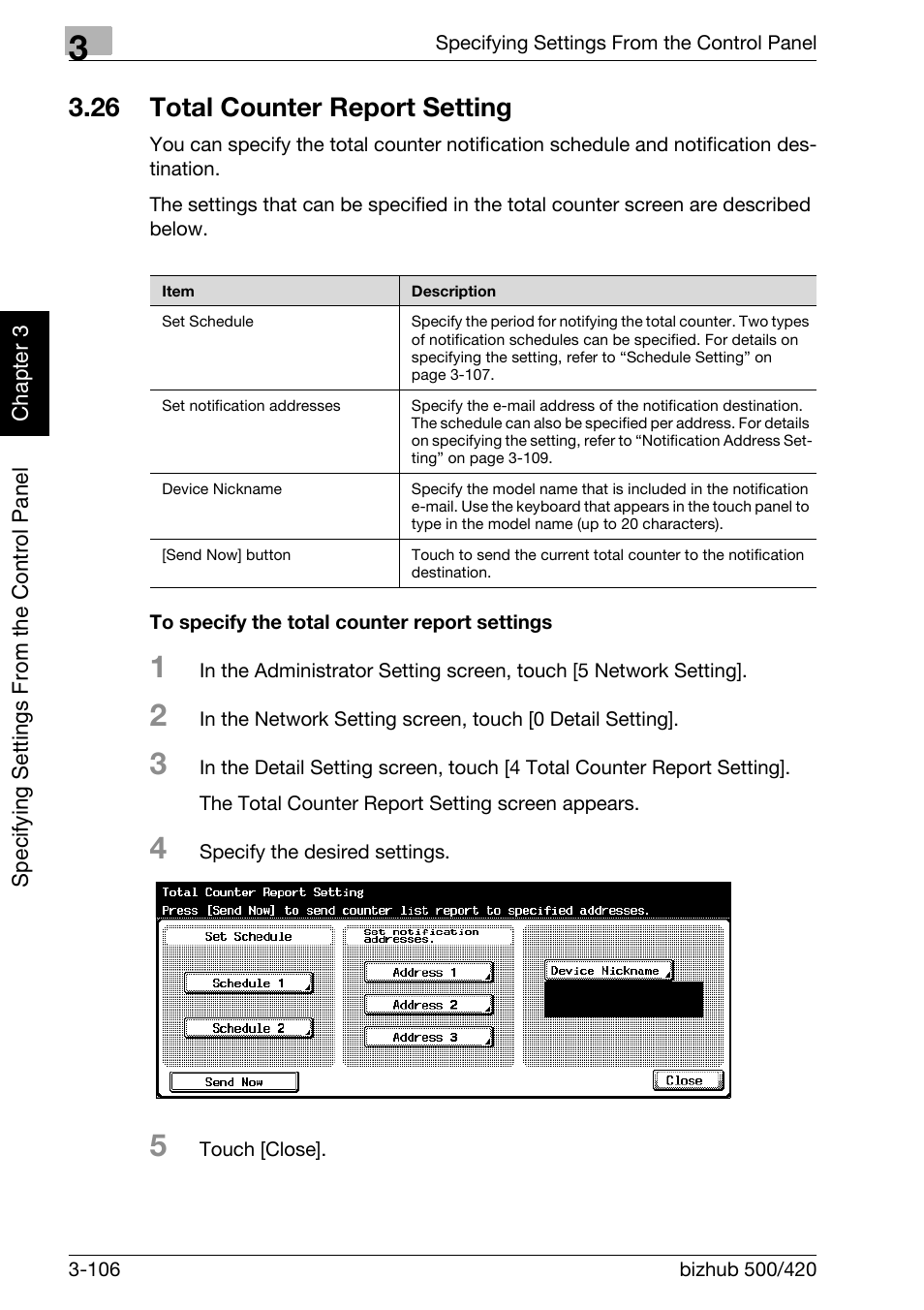 26 total counter report setting, Total counter report setting -106, To specify the total counter report settings -106 | Konica Minolta bizhub 500 User Manual | Page 231 / 412