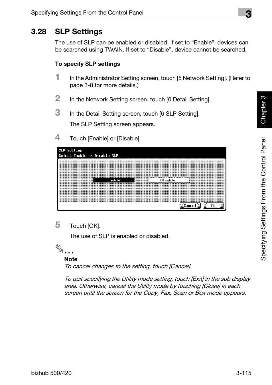 28 slp settings, Slp settings -115, To specify slp settings -115 | Konica Minolta bizhub 500 User Manual | Page 240 / 412