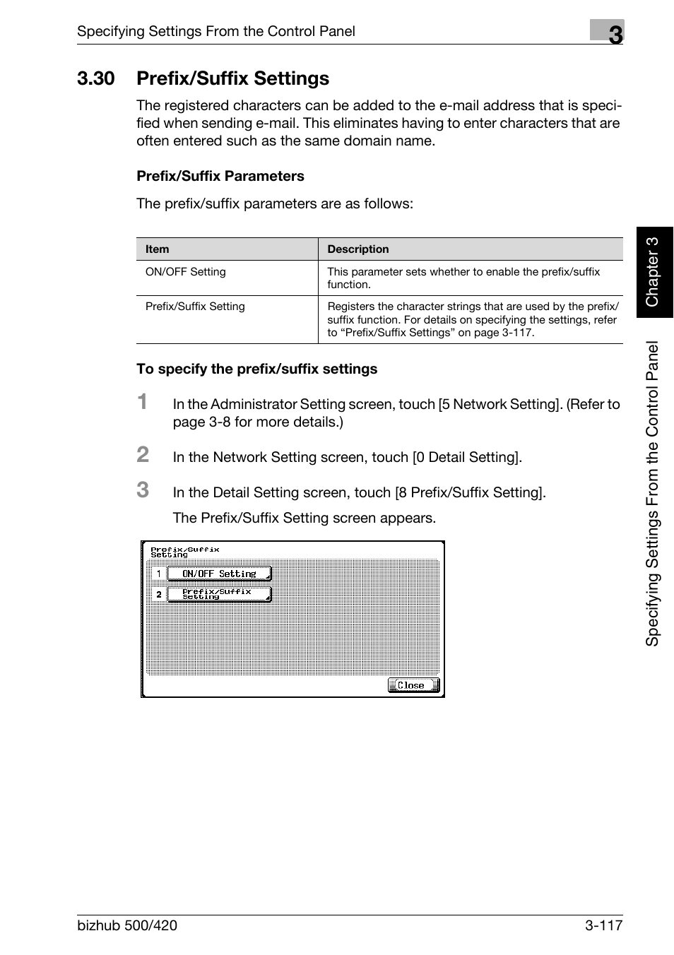 30 prefix/suffix settings, Prefix/suffix settings -117 | Konica Minolta bizhub 500 User Manual | Page 242 / 412