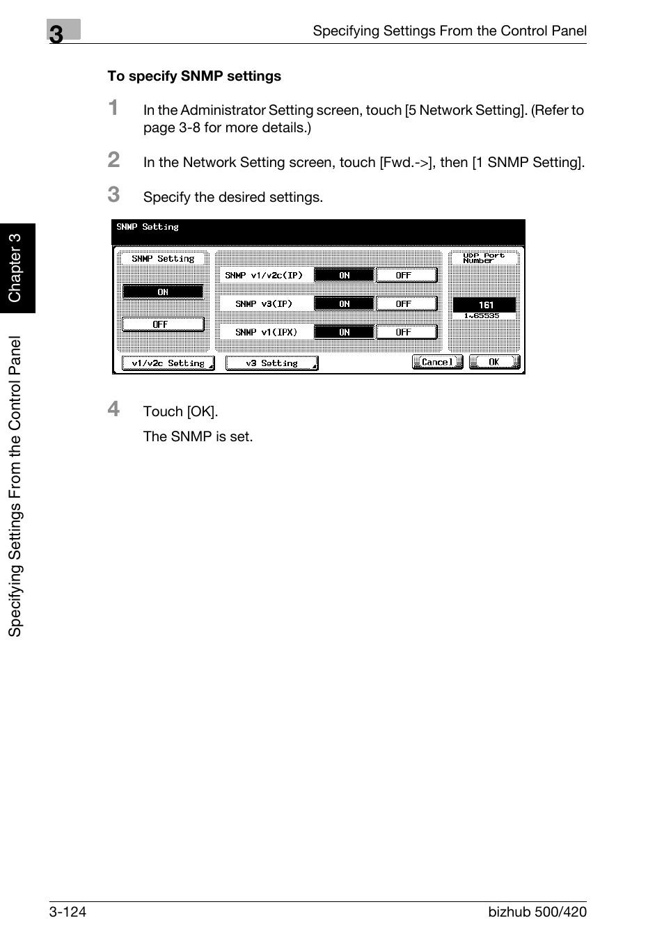 To specify snmp settings -124 | Konica Minolta bizhub 500 User Manual | Page 249 / 412