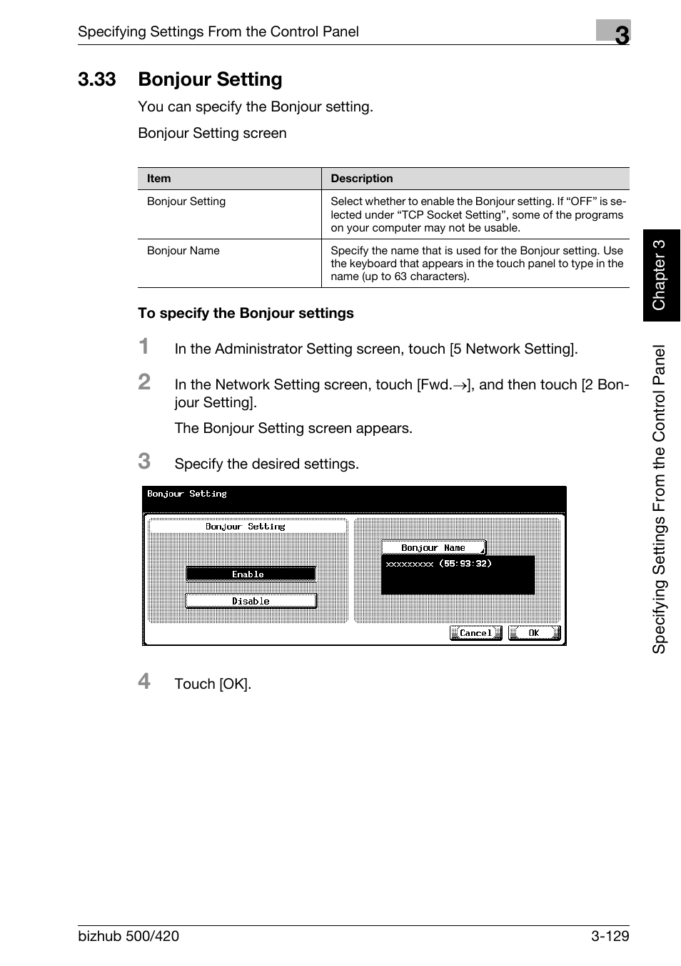 33 bonjour setting, Bonjour setting -129, To specify the bonjour settings -129 | Konica Minolta bizhub 500 User Manual | Page 254 / 412