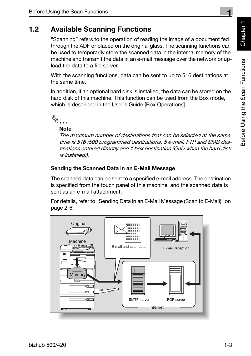 2 available scanning functions, Available scanning functions -3, Sending the scanned data in an e-mail message -3 | Konica Minolta bizhub 500 User Manual | Page 26 / 412