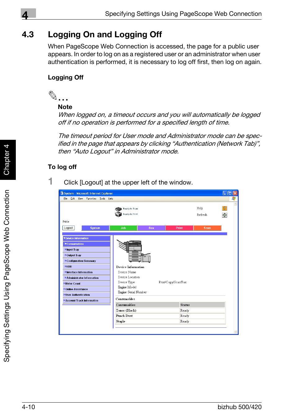 3 logging on and logging off, Logging on and logging off -10, Logging off -10 to log off -10 | Konica Minolta bizhub 500 User Manual | Page 281 / 412