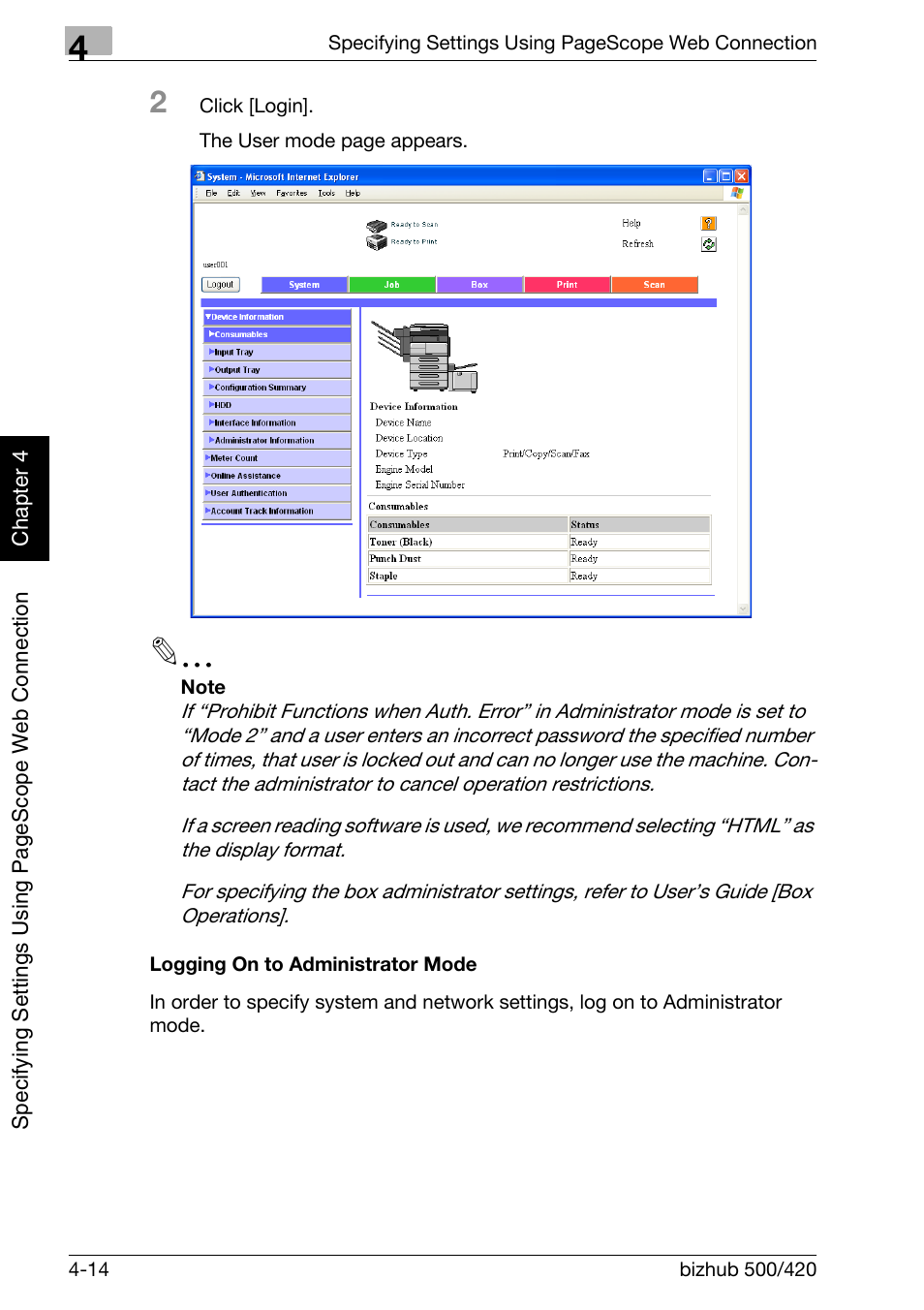 Logging on to administrator mode -14 | Konica Minolta bizhub 500 User Manual | Page 285 / 412