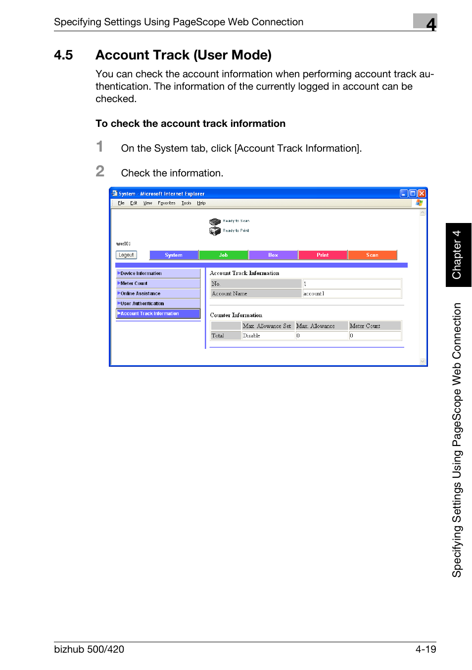 5 account track (user mode), Account track (user mode) -19, To check the account track information -19 | Konica Minolta bizhub 500 User Manual | Page 290 / 412