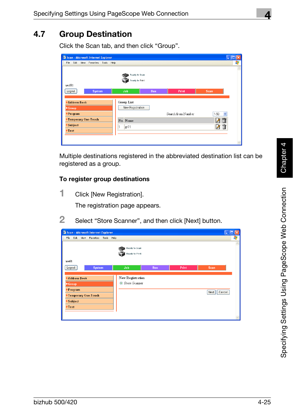 7 group destination, Group destination -25, To register group destinations -25 | Konica Minolta bizhub 500 User Manual | Page 296 / 412