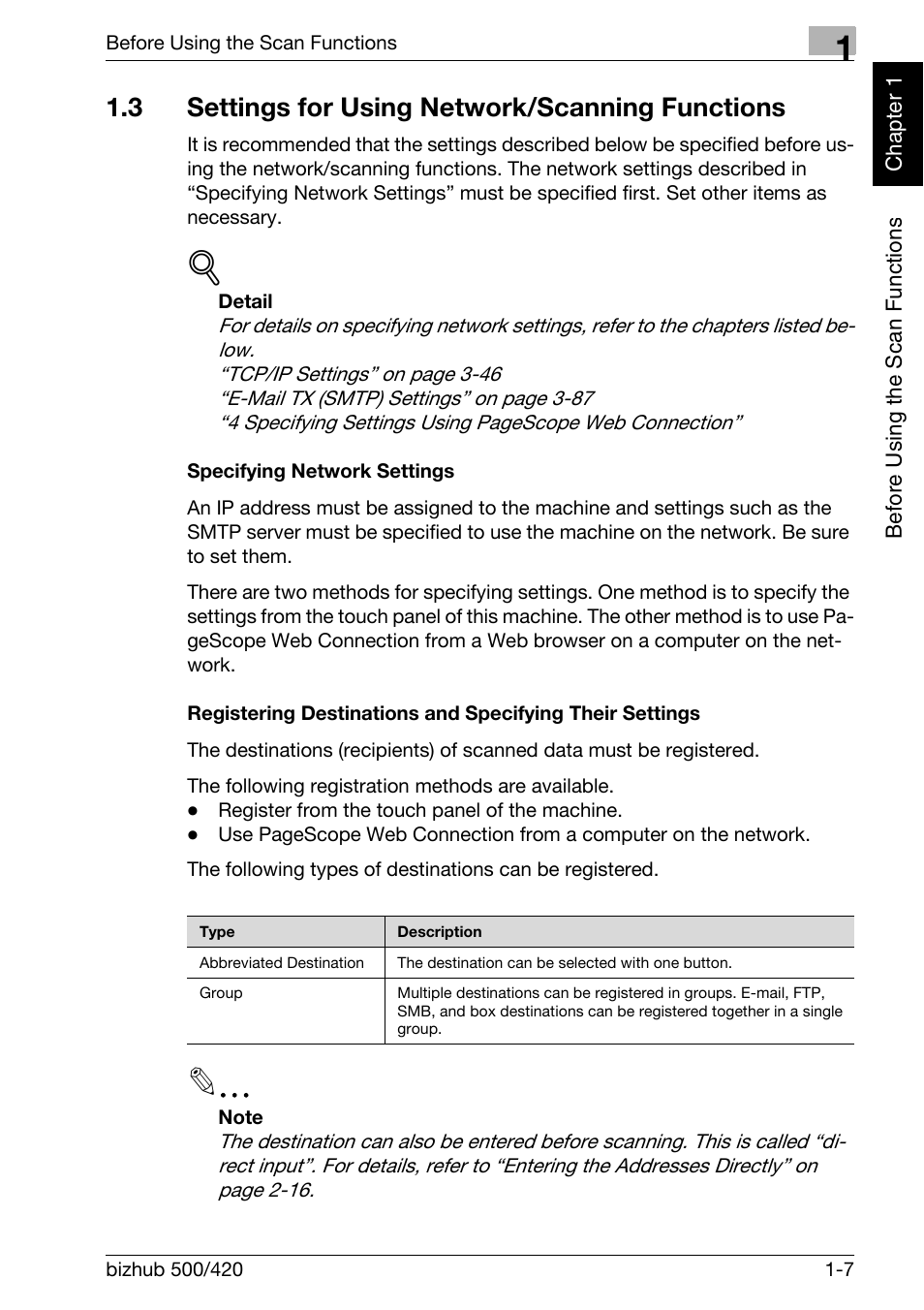 3 settings for using network/scanning functions, Settings for using network/scanning functions -7 | Konica Minolta bizhub 500 User Manual | Page 30 / 412