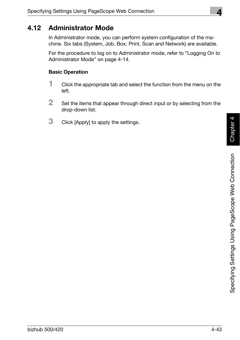 12 administrator mode, Administrator mode -43, Basic operation -43 | Konica Minolta bizhub 500 User Manual | Page 314 / 412