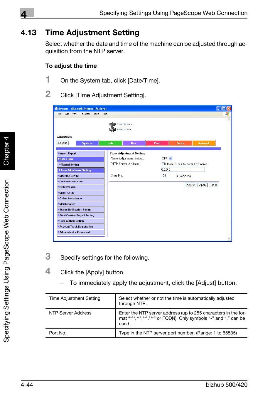 13 time adjustment setting, Time adjustment setting -44, To adjust the time -44 | Konica Minolta bizhub 500 User Manual | Page 315 / 412