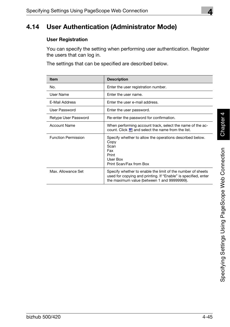 14 user authentication (administrator mode), User authentication (administrator mode) -45, User registration -45 | Konica Minolta bizhub 500 User Manual | Page 316 / 412