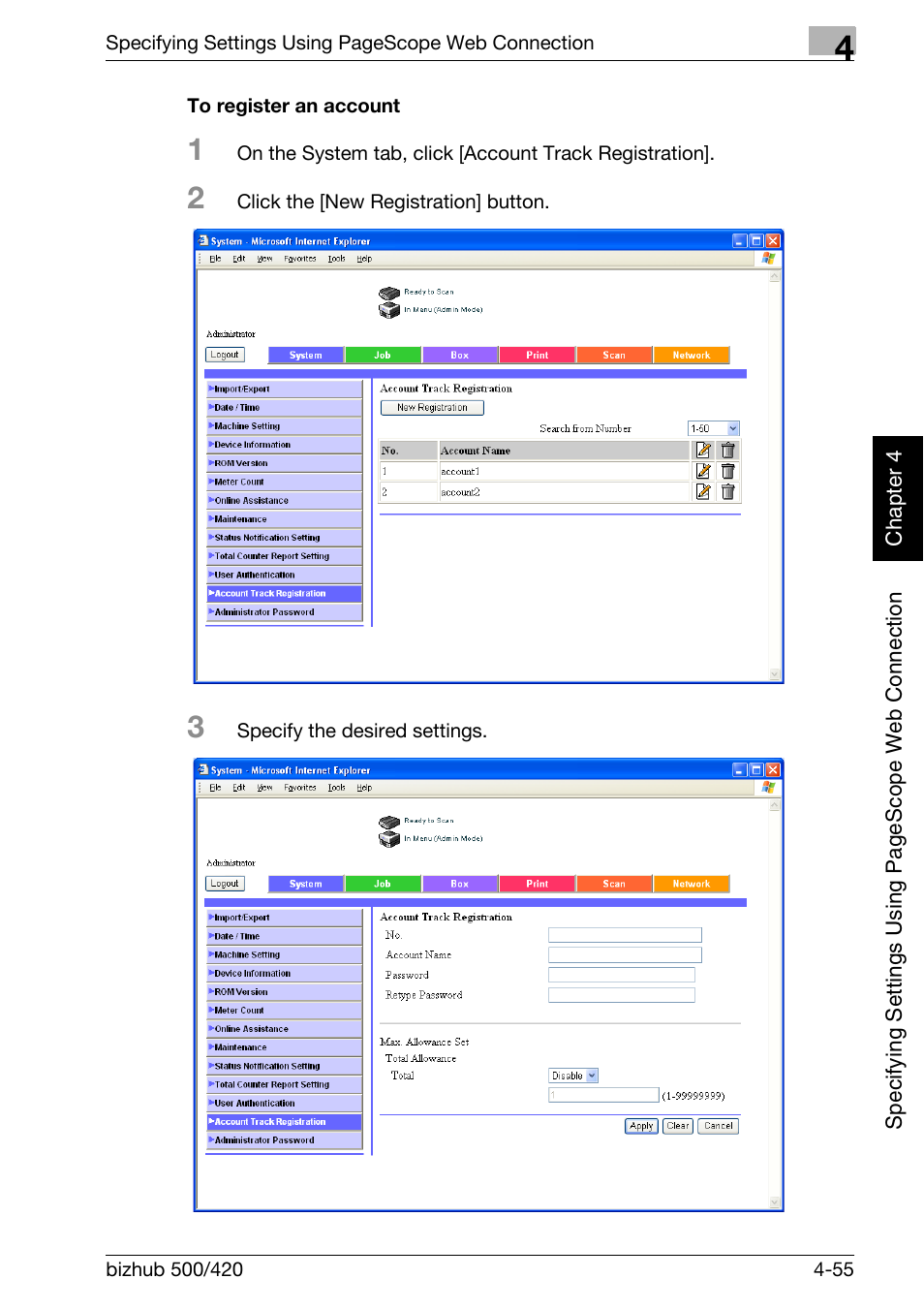 To register an account -55 | Konica Minolta bizhub 500 User Manual | Page 326 / 412