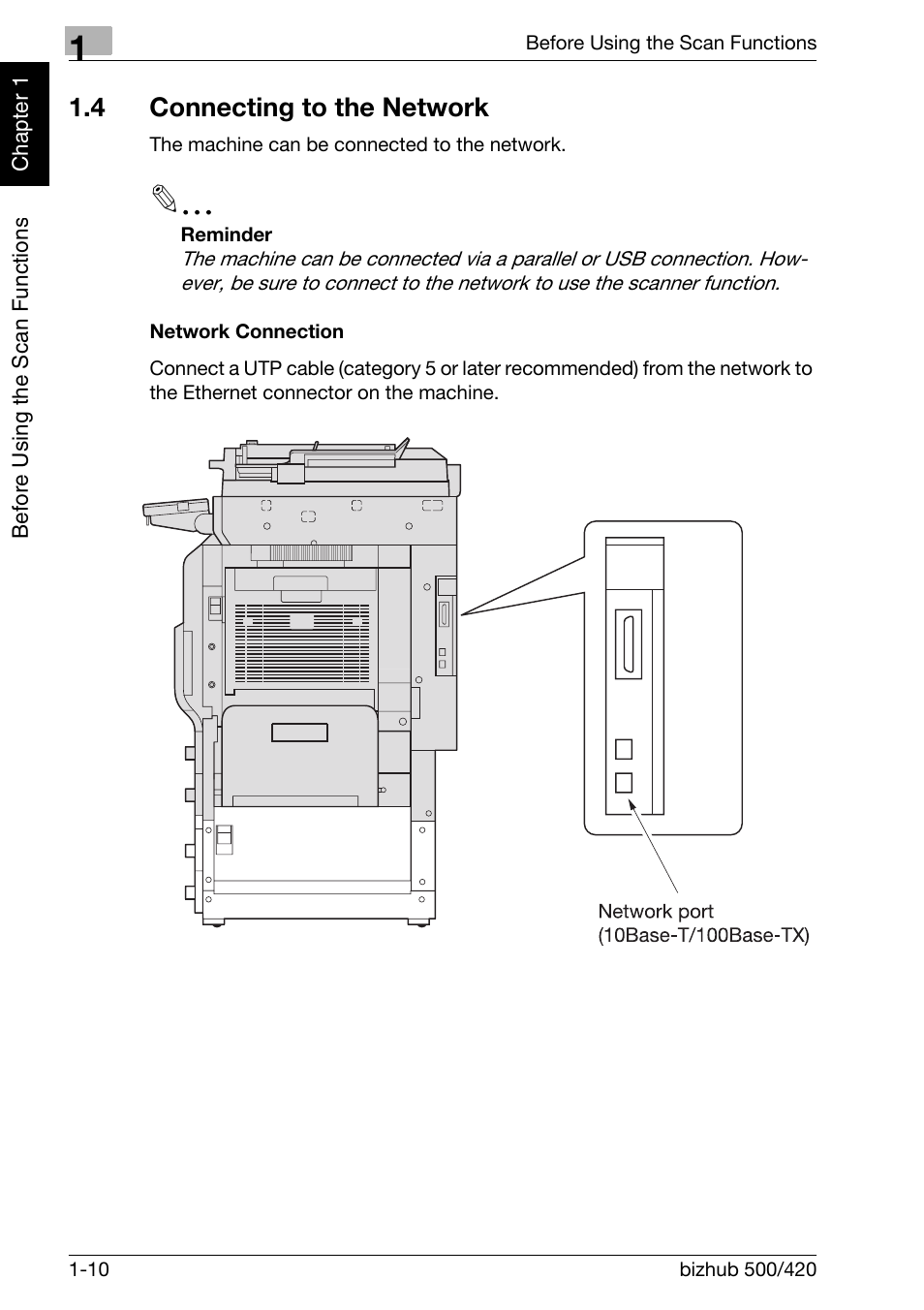 4 connecting to the network, Connecting to the network -10, Network connection -10 | Konica Minolta bizhub 500 User Manual | Page 33 / 412