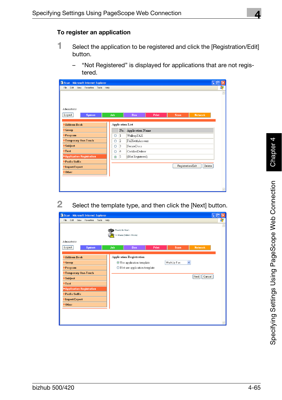 To register an application -65 | Konica Minolta bizhub 500 User Manual | Page 336 / 412