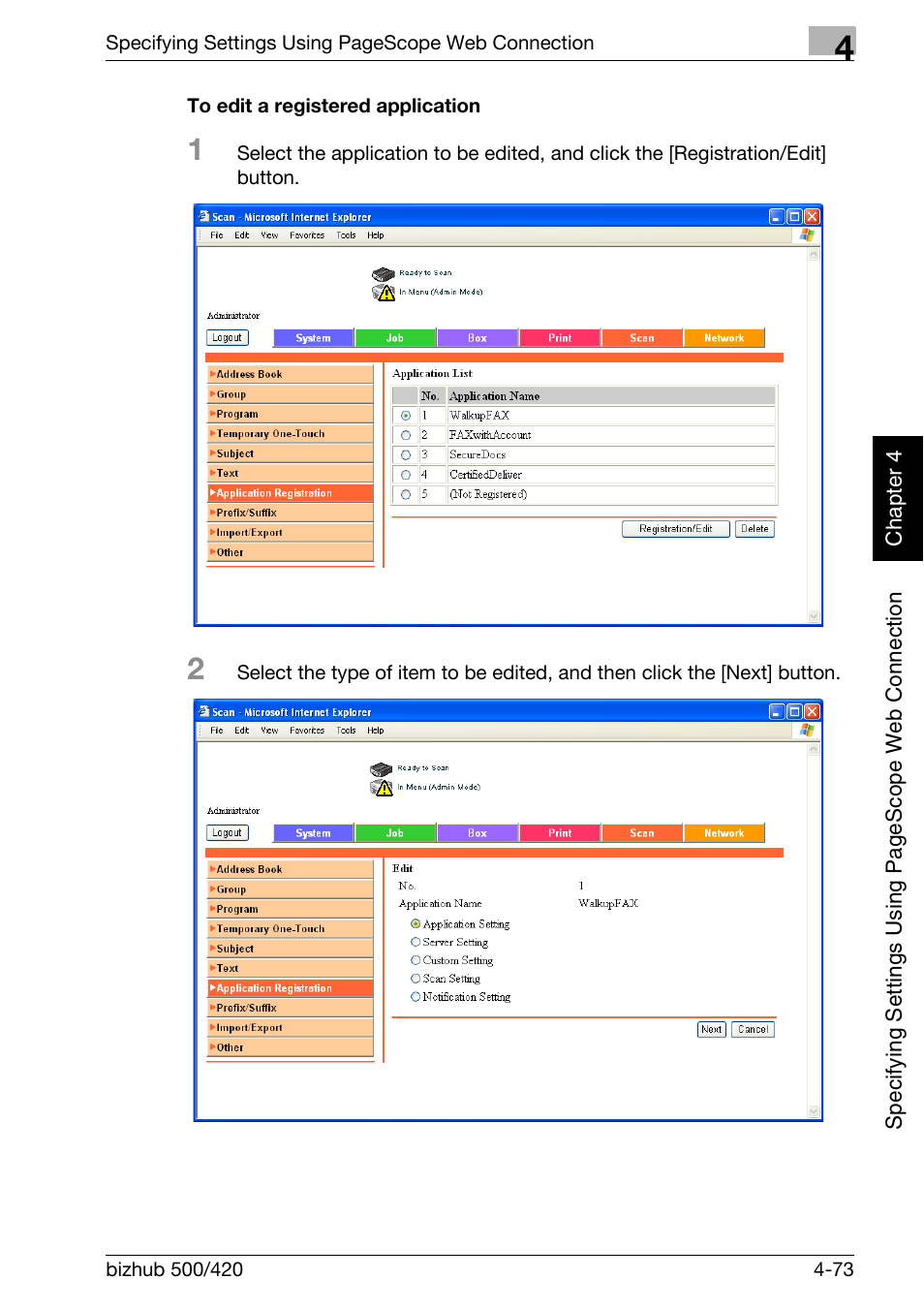 To edit a registered application -73 | Konica Minolta bizhub 500 User Manual | Page 344 / 412