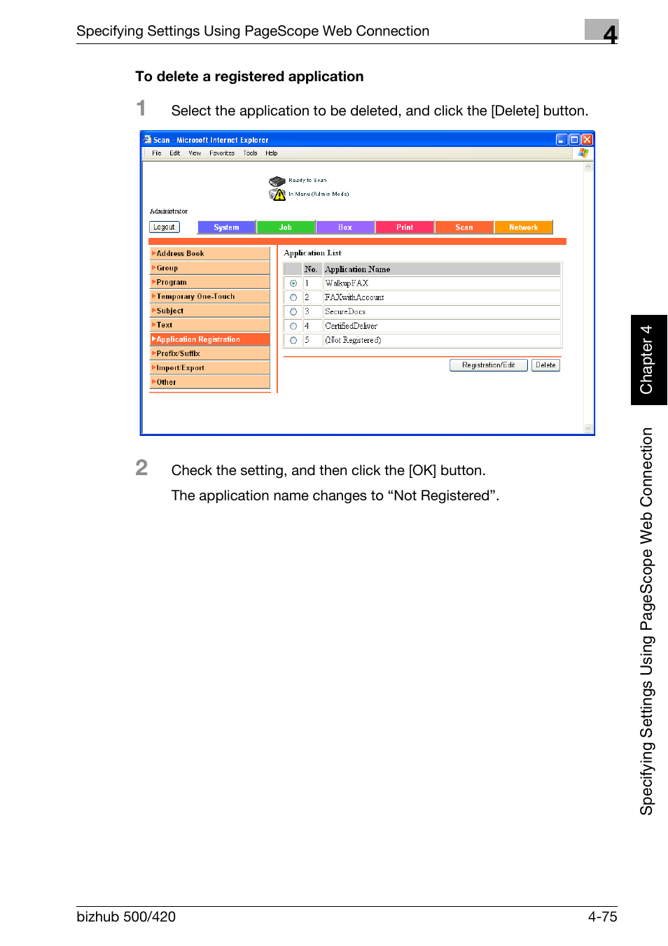 To delete a registered application -75 | Konica Minolta bizhub 500 User Manual | Page 346 / 412