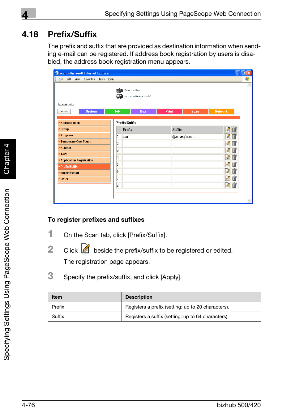 18 prefix/suffix, Prefix/suffix -76, To register prefixes and suffixes -76 | Konica Minolta bizhub 500 User Manual | Page 347 / 412