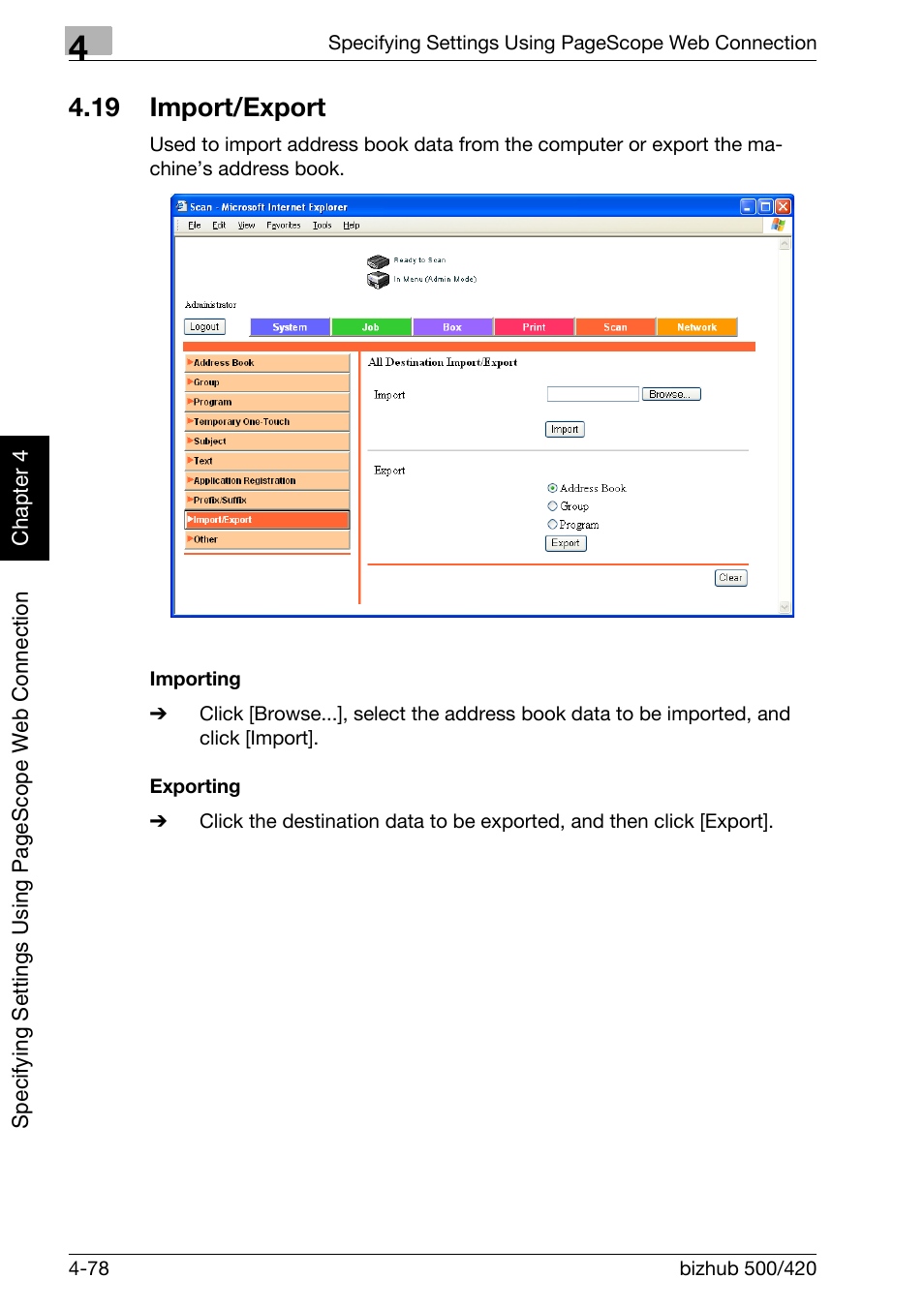 19 import/export, Import/export -78, Importing -78 exporting -78 | Konica Minolta bizhub 500 User Manual | Page 349 / 412