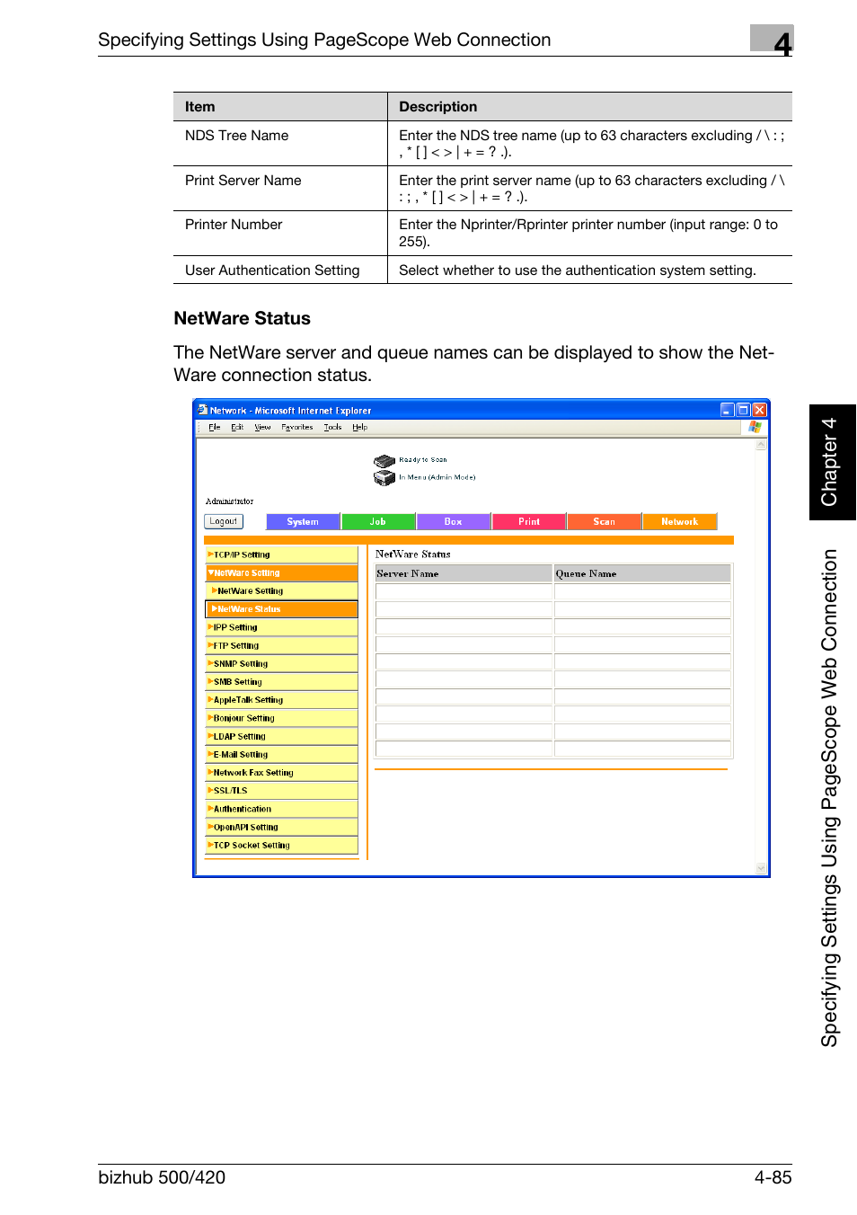 Netware status -85 | Konica Minolta bizhub 500 User Manual | Page 356 / 412