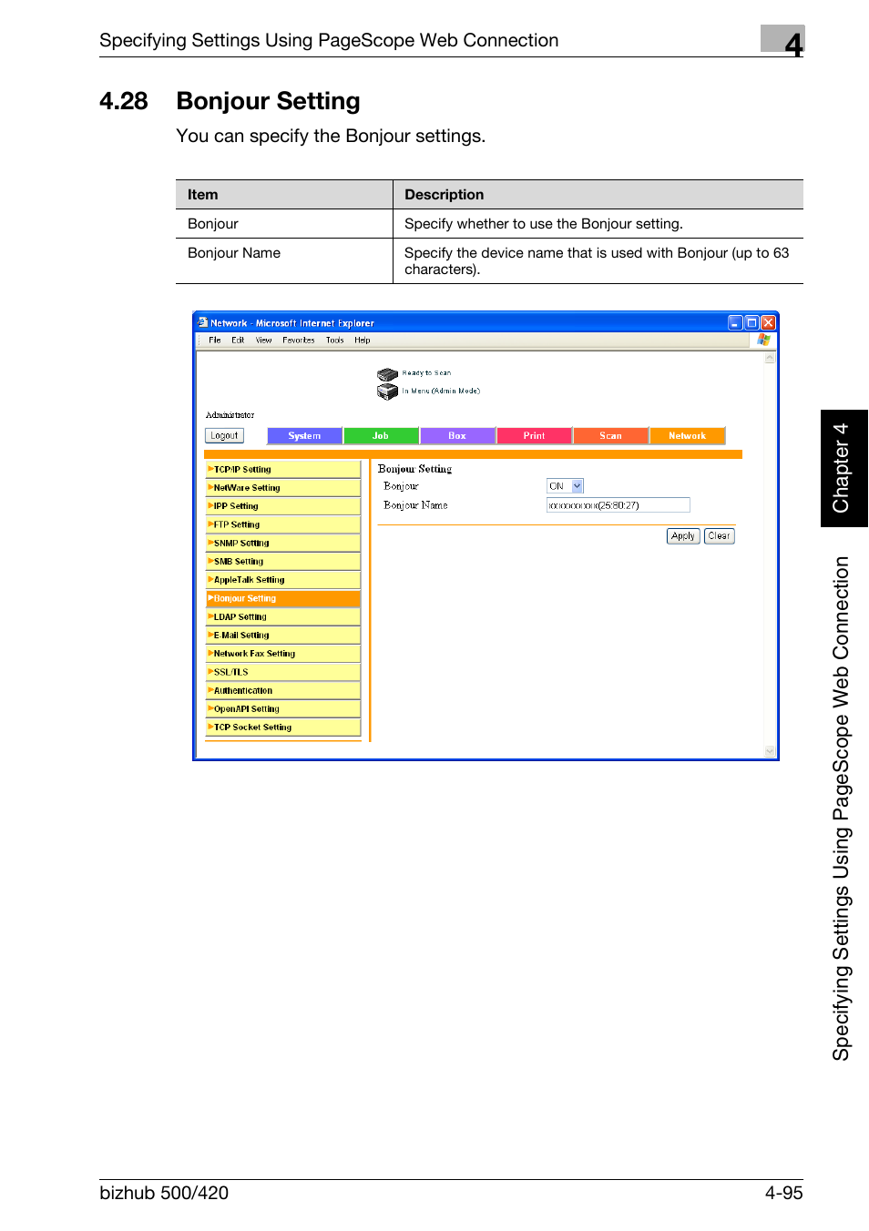 28 bonjour setting, Bonjour setting -95 | Konica Minolta bizhub 500 User Manual | Page 366 / 412