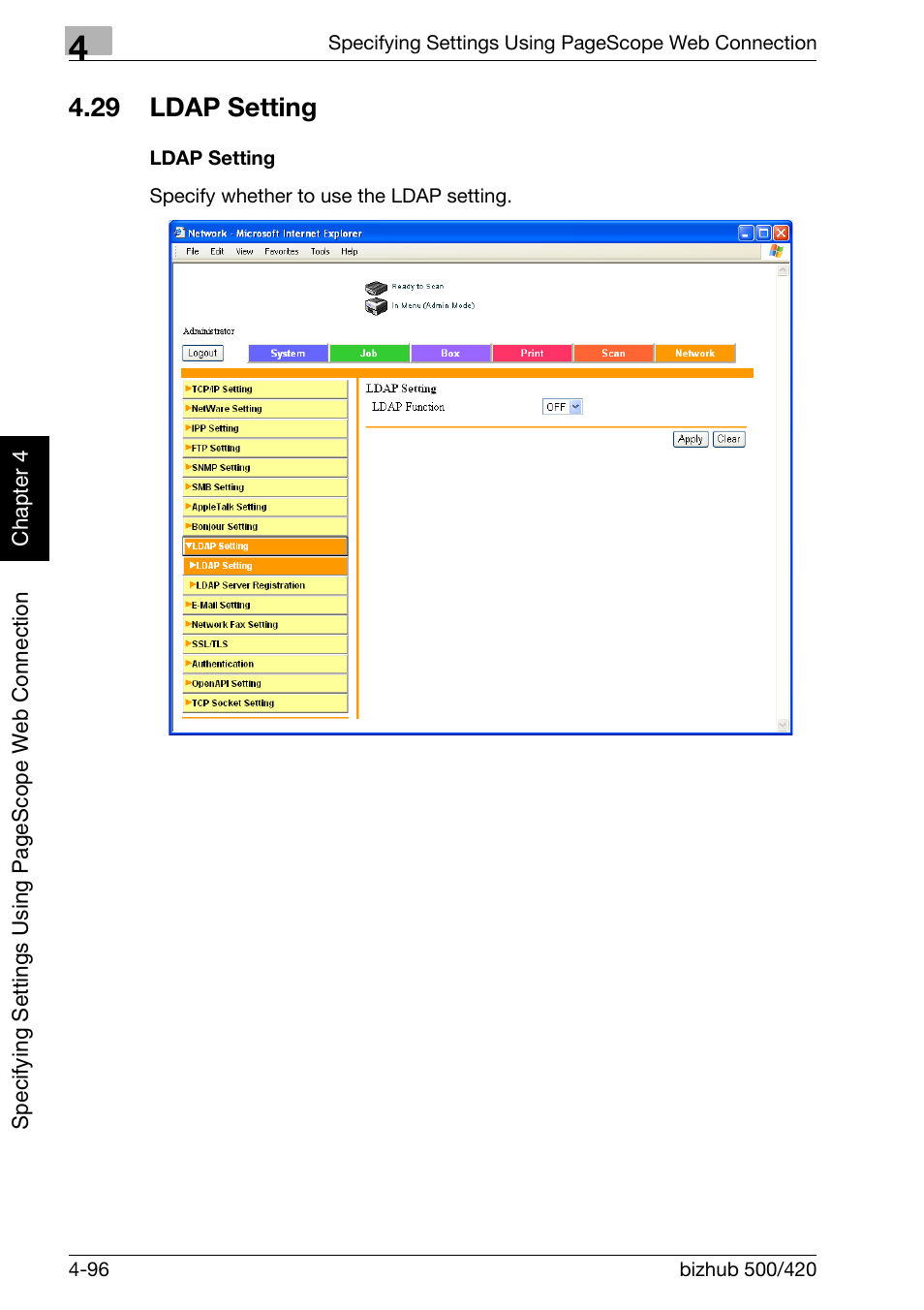 29 ldap setting, Ldap setting -96 | Konica Minolta bizhub 500 User Manual | Page 367 / 412