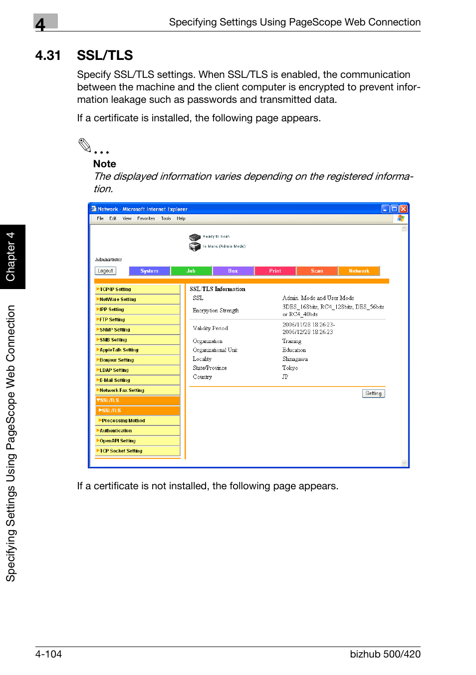 31 ssl/tls, Ssl/tls -104 | Konica Minolta bizhub 500 User Manual | Page 375 / 412