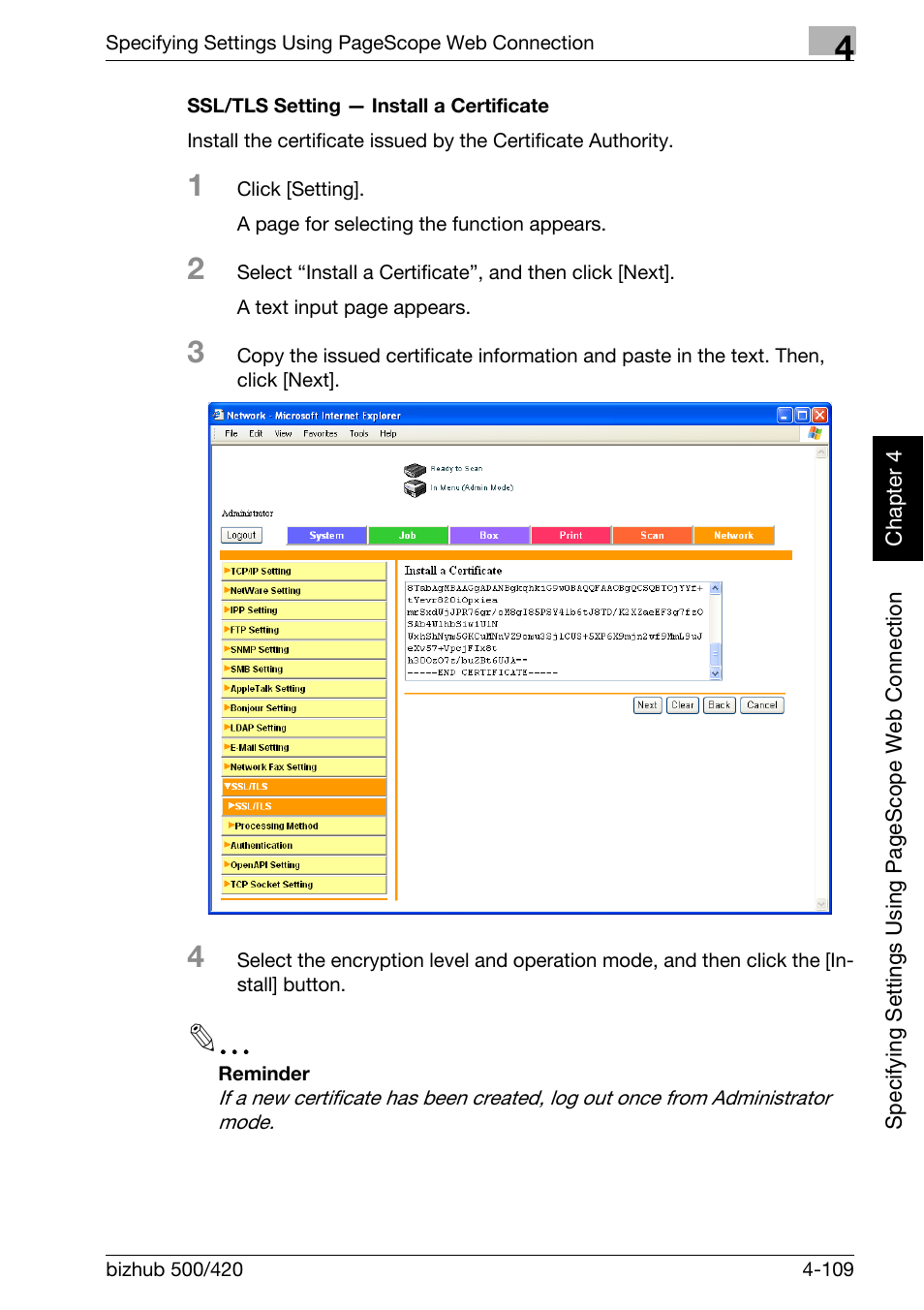 Ssl/tls setting — install a certificate -109 | Konica Minolta bizhub 500 User Manual | Page 380 / 412