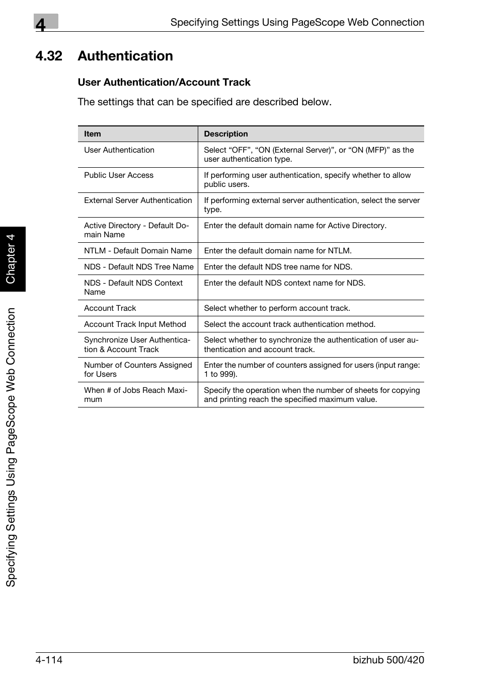 32 authentication, Authentication -114, User authentication/account track -114 | Konica Minolta bizhub 500 User Manual | Page 385 / 412