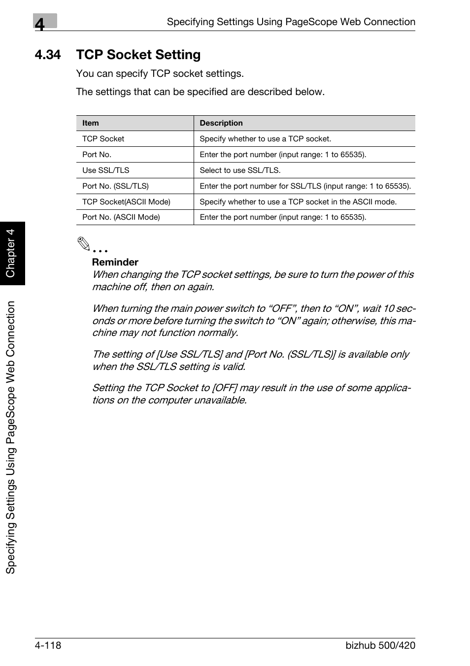 34 tcp socket setting, Tcp socket setting -118 | Konica Minolta bizhub 500 User Manual | Page 389 / 412