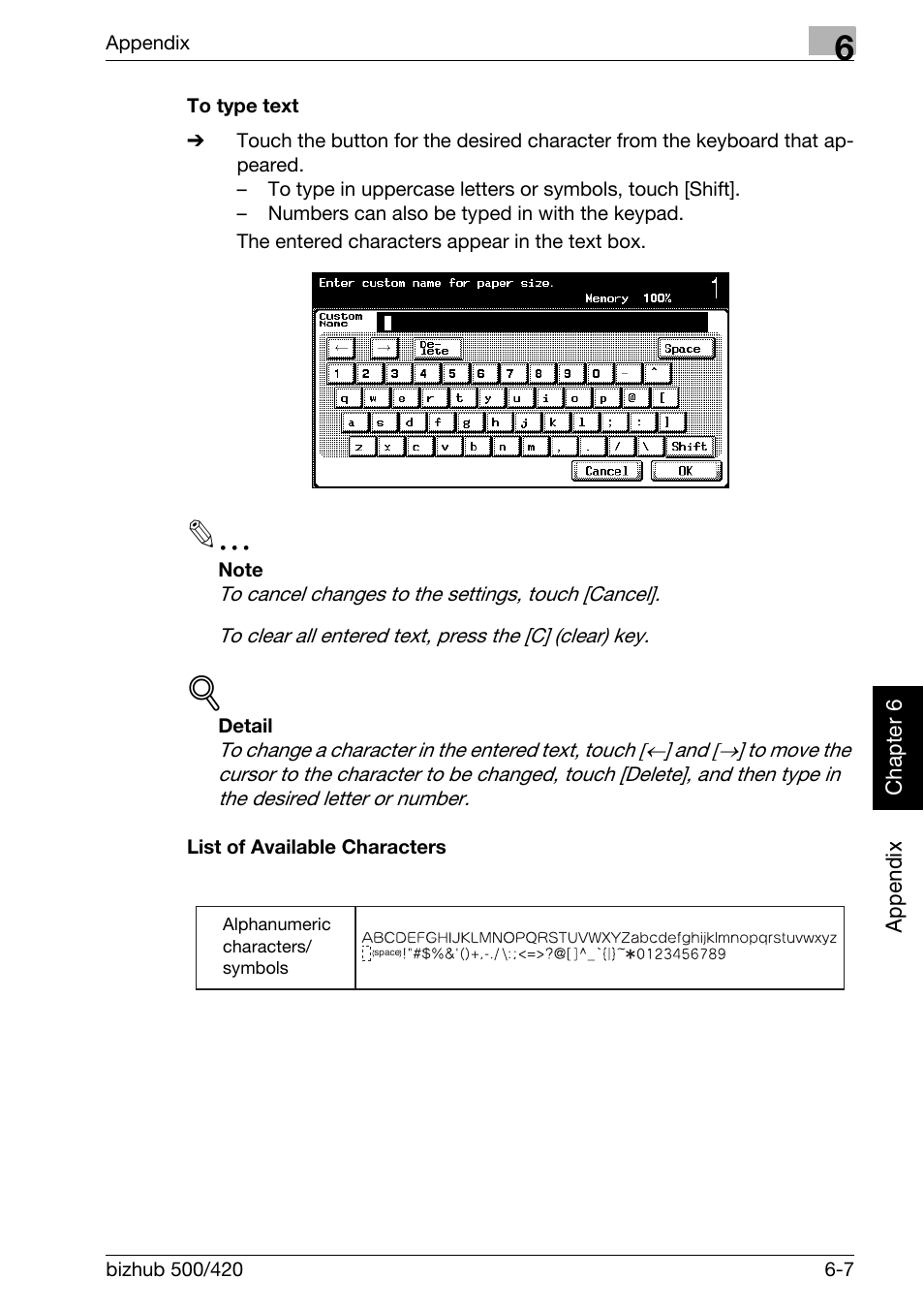 To type text -7 list of available characters -7 | Konica Minolta bizhub 500 User Manual | Page 400 / 412