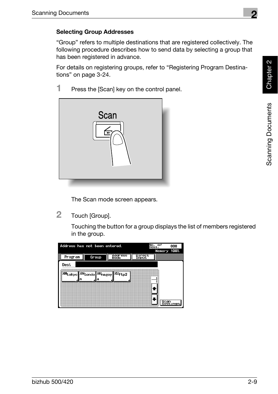 Selecting group addresses -9, Scan | Konica Minolta bizhub 500 User Manual | Page 44 / 412