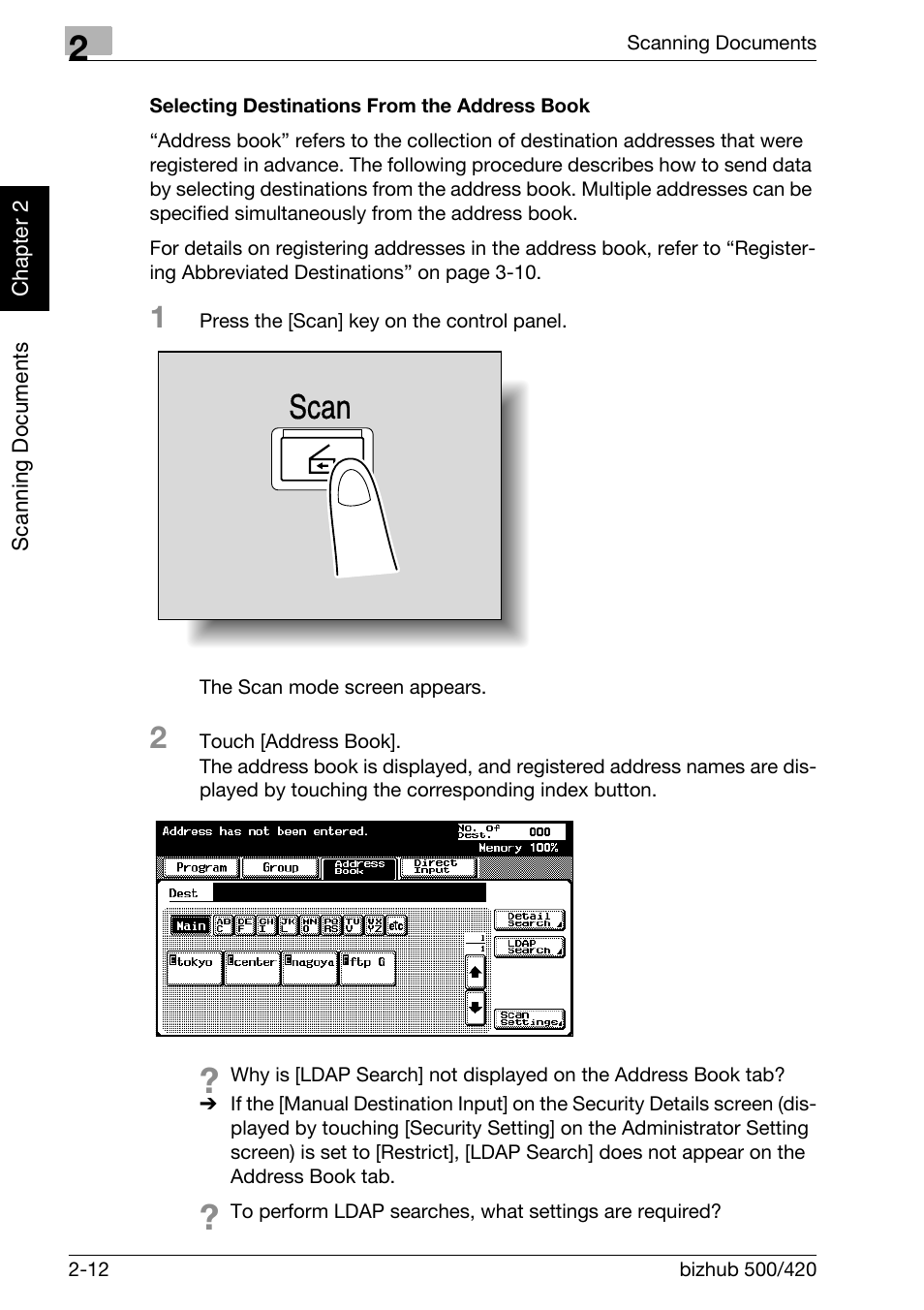 Selecting destinations from the address book -12, Scan | Konica Minolta bizhub 500 User Manual | Page 47 / 412