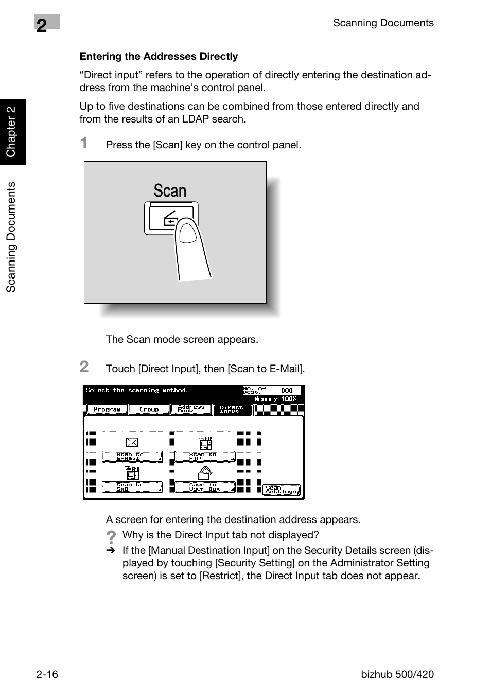 Entering the addresses directly -16, Scan | Konica Minolta bizhub 500 User Manual | Page 51 / 412