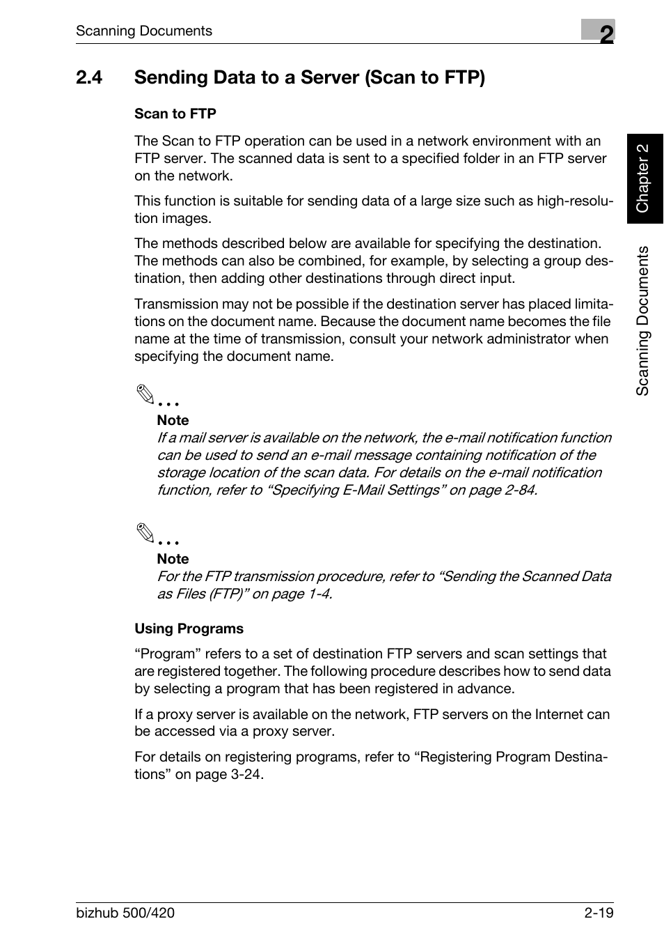 4 sending data to a server (scan to ftp), Sending data to a server (scan to ftp) -19, Scan to ftp -19 using programs -19 | Konica Minolta bizhub 500 User Manual | Page 54 / 412