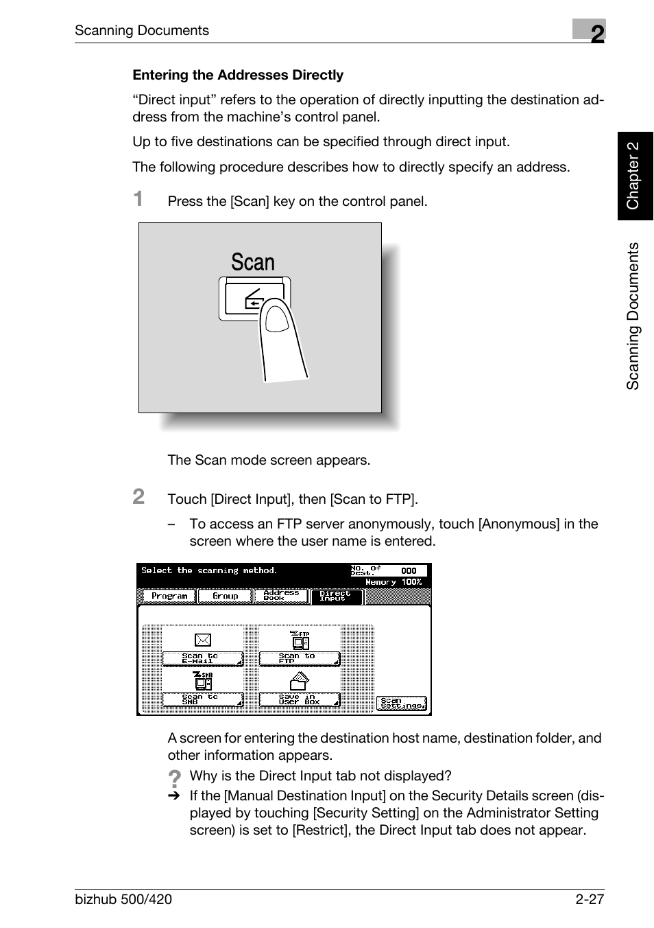 Entering the addresses directly -27, Scan | Konica Minolta bizhub 500 User Manual | Page 62 / 412