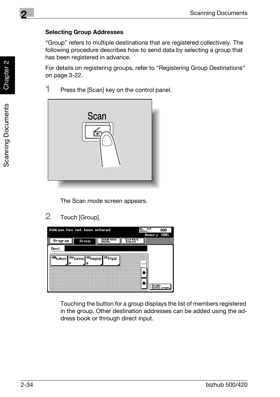 Selecting group addresses -34, Scan | Konica Minolta bizhub 500 User Manual | Page 69 / 412