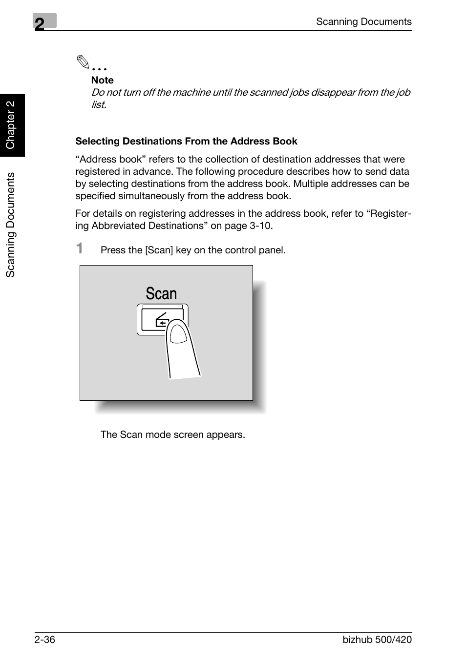 Selecting destinations from the address book -36, Scan | Konica Minolta bizhub 500 User Manual | Page 71 / 412