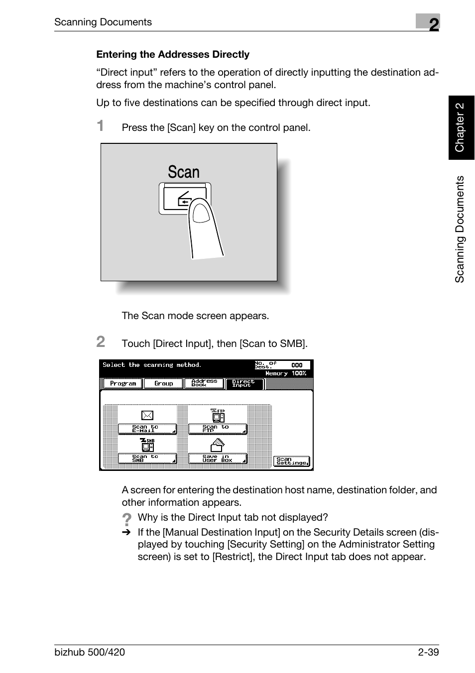 Entering the addresses directly -39, Scan | Konica Minolta bizhub 500 User Manual | Page 74 / 412