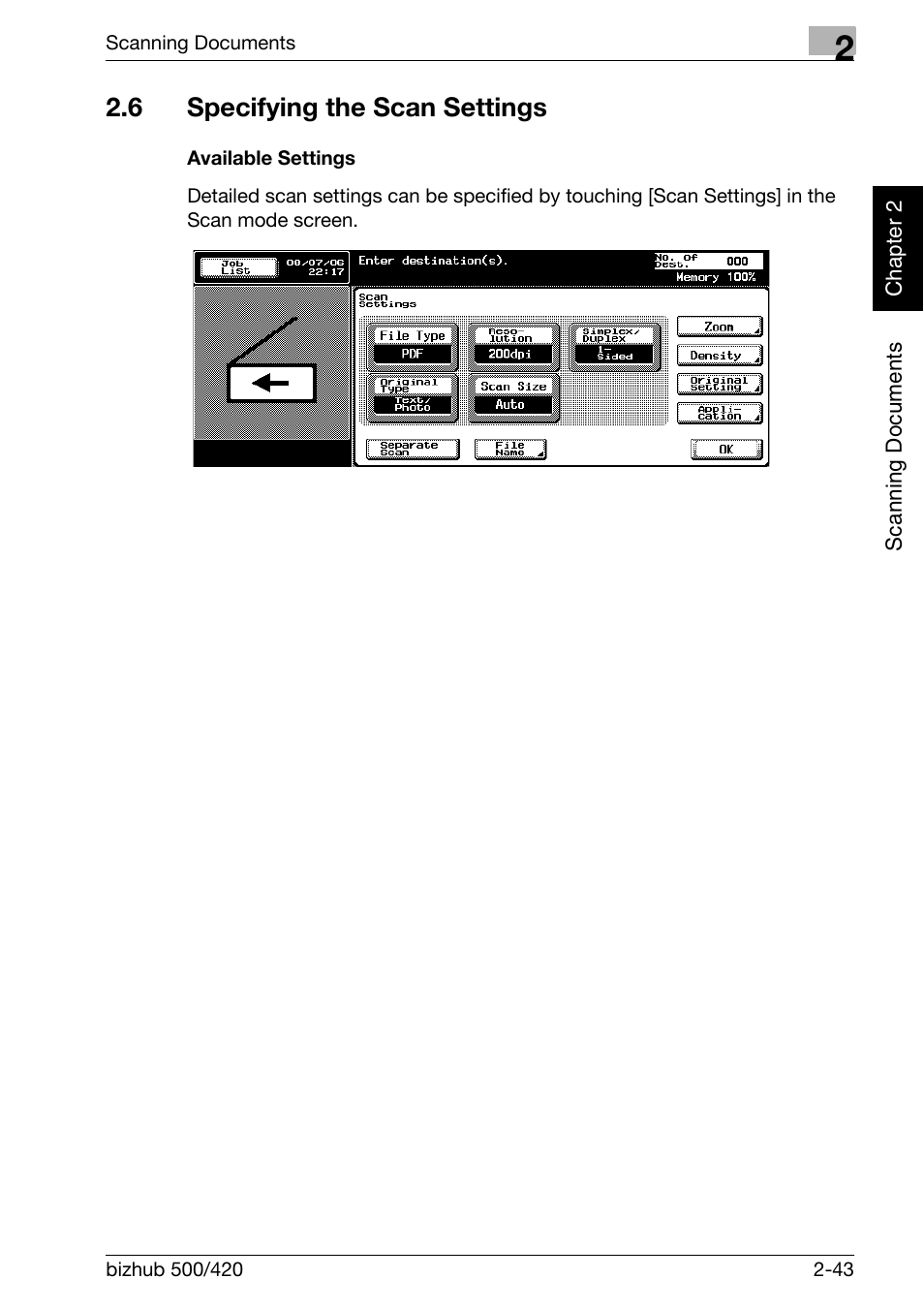 6 specifying the scan settings, Specifying the scan settings -43, Available settings -43 | Konica Minolta bizhub 500 User Manual | Page 78 / 412