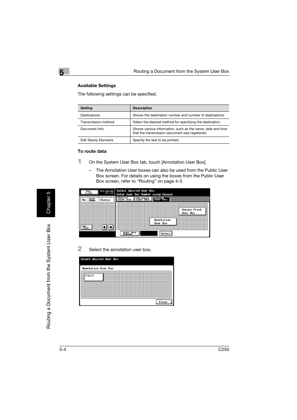 Available settings, To route data, Available settings -4 to route data -4 | Konica Minolta bizhub C250 User Manual | Page 107 / 194